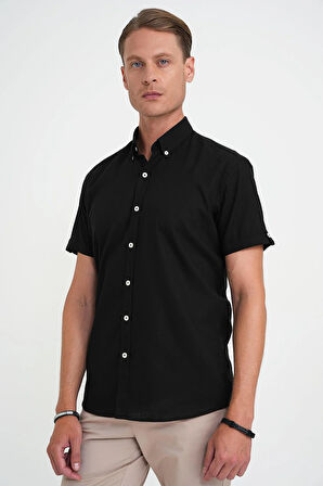 Comfort Fit Düğme Yaka Kısa Kol %100 Keten Düz Siyah Gömlek G 1595