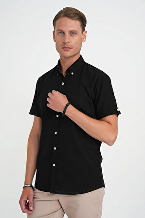 Comfort Fit Düğme Yaka Kısa Kol %100 Keten Düz Siyah Gömlek G 1595
