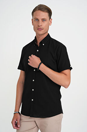 Comfort Fit Düğme Yaka Kısa Kol %100 Keten Düz Siyah Gömlek G 1595