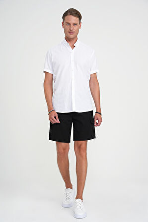 Comfort Fit Düğme Yaka Kısa Kol %100 Keten Düz Beyaz Gömlek G 1595