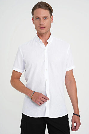 Comfort Fit Düğme Yaka Kısa Kol %100 Keten Düz Beyaz Gömlek G 1595
