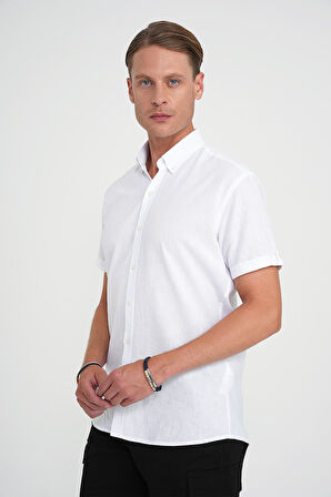 Comfort Fit Düğme Yaka Kısa Kol %100 Keten Düz Beyaz Gömlek G 1595
