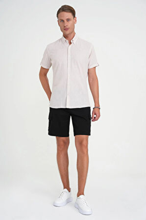 Comfort Fit Düğme Yaka Kısa Kol %100 Keten Düz Bej Gömlek G 1595