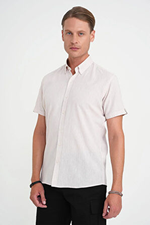 Comfort Fit Düğme Yaka Kısa Kol %100 Keten Düz Bej Gömlek G 1595