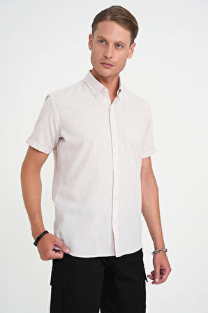 Comfort Fit Düğme Yaka Kısa Kol %100 Keten Düz Bej Gömlek G 1595