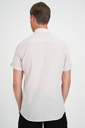 Comfort Fit Düğme Yaka Kısa Kol %100 Keten Düz Bej Gömlek G 1595