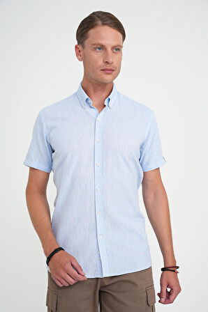Comfort Fit Düğme Yaka Kısa Kol %100 Keten Düz Mavi Gömlek G 1595
