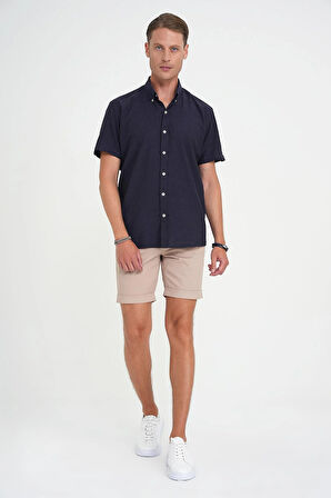 Comfort Fit Düğme Yaka Kısa Kol %100 Keten Düz Lacivert Gömlek G 1595