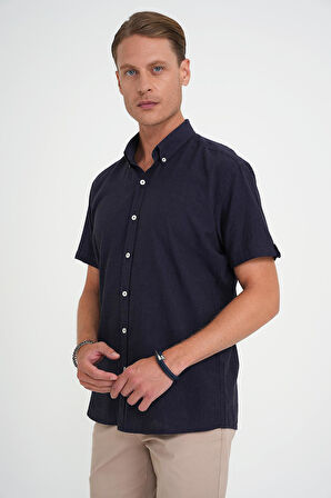 Comfort Fit Düğme Yaka Kısa Kol %100 Keten Düz Lacivert Gömlek G 1595