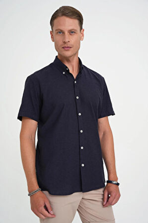 Comfort Fit Düğme Yaka Kısa Kol %100 Keten Düz Lacivert Gömlek G 1595