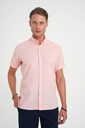 Comfort Fit Düğme Yaka Kısa Kol %100 Keten Düz Somon Gömlek G 1595