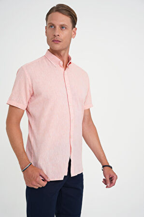 Comfort Fit Düğme Yaka Kısa Kol %100 Keten Düz Somon Gömlek G 1595