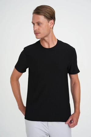 Comfort Fit Bisiklet Yaka Gofre Kısa Kol Siyah Tişört Ts 911