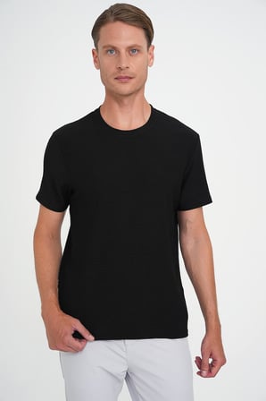 Comfort Fit Bisiklet Yaka Gofre Kısa Kol Siyah Tişört Ts 911