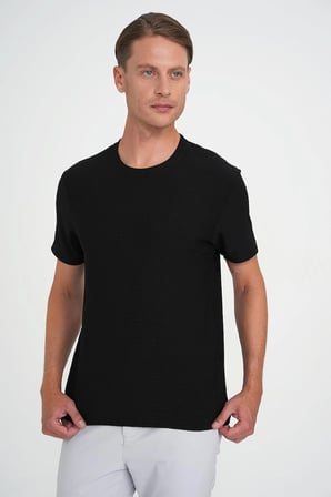 Comfort Fit Bisiklet Yaka Gofre Kısa Kol Siyah Tişört Ts 911