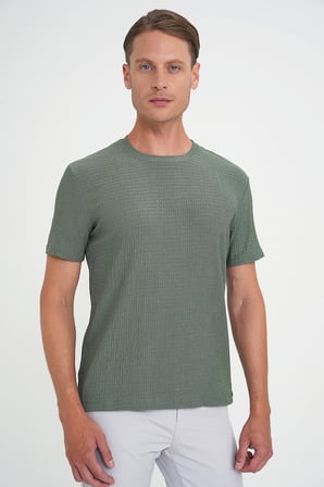 Comfort Fit Bisiklet Yaka Gofre Kısa Kol Yeşil Tişört Ts 911