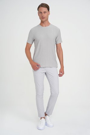 Comfort Fit Bisiklet Yaka Gofre Kısa Kol Gri Tişört Ts 911