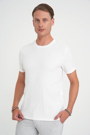 Comfort Fit Bisiklet Yaka Gofre Kısa Kol Ekru Tişört Ts 911