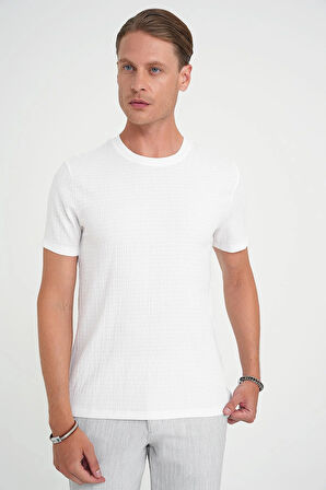 Comfort Fit Bisiklet Yaka Gofre Kısa Kol Ekru Tişört Ts 911