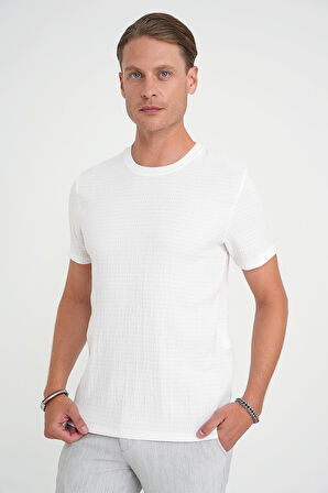 Comfort Fit Bisiklet Yaka Gofre Kısa Kol Ekru Tişört Ts 911