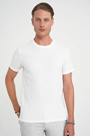 Comfort Fit Bisiklet Yaka Gofre Kısa Kol Ekru Tişört Ts 911