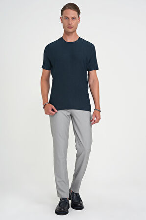 Comfort Fit Bisiklet Yaka Gofre Kısa Kol Petrol Mavisi Tişört Ts 911