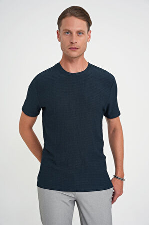 Comfort Fit Bisiklet Yaka Gofre Kısa Kol Petrol Mavisi Tişört Ts 911