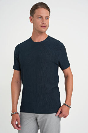 Comfort Fit Bisiklet Yaka Gofre Kısa Kol Petrol Mavisi Tişört Ts 911