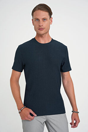 Comfort Fit Bisiklet Yaka Gofre Kısa Kol Petrol Mavisi Tişört Ts 911