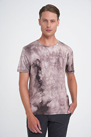 Comfort Fit Bisiklet Yaka Batik Desen Kısa Kol Bej Tişört Ts 914