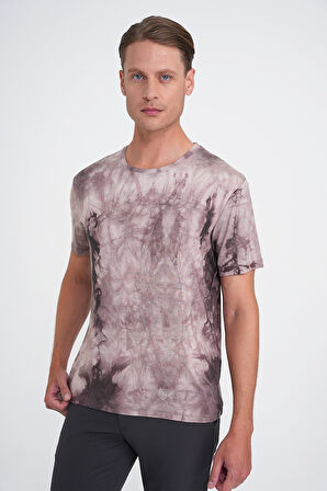 Comfort Fit Bisiklet Yaka Batik Desen Kısa Kol Bej Tişört Ts 914