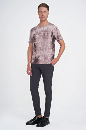 Comfort Fit Bisiklet Yaka Batik Desen Kısa Kol Bej Tişört Ts 914