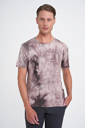Comfort Fit Bisiklet Yaka Batik Desen Kısa Kol Bej Tişört Ts 914