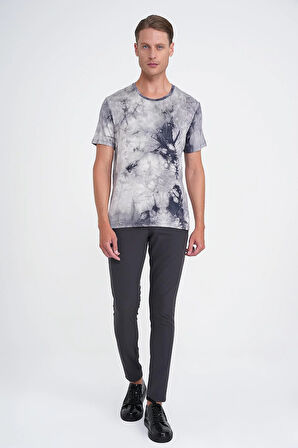 Comfort Fit Bisiklet Yaka Batik Desen Kısa Kol Lacivert Tişört Ts 914