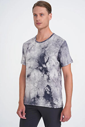 Comfort Fit Bisiklet Yaka Batik Desen Kısa Kol Lacivert Tişört Ts 914