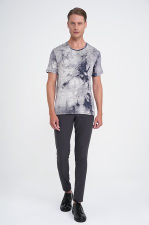 Comfort Fit Bisiklet Yaka Batik Desen Kısa Kol Lacivert Tişört Ts 914