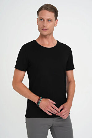 Comfort Fit Bisiklet Yaka Esnek Pamuk Düz Siyah Tişört Ts 915