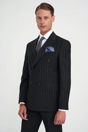 Slim Fit Çift Yırtmaç Çizgili Kruvaze Klasik Koyu Lacivert Takım Elbise Tk 925