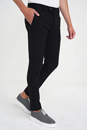 Slim Fit Yan Cepli Esnek Düz Siyah Pamuk Pantolon P 1197