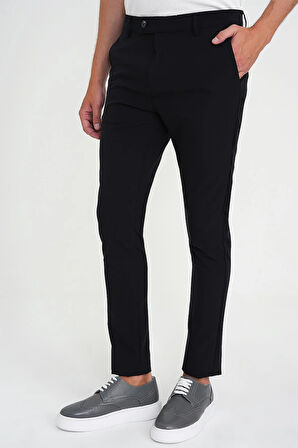 Slim Fit Yan Cepli Esnek Düz Siyah Pamuk Pantolon P 1197
