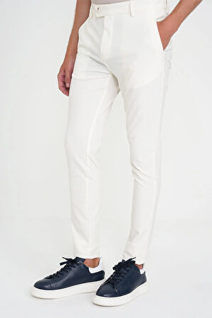 Slim Fit Yan Cepli Esnek Düz Beyaz Pamuk Pantolon P 1197