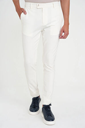 Slim Fit Yan Cepli Esnek Düz Beyaz Pamuk Pantolon P 1197