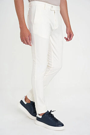 Slim Fit Yan Cepli Esnek Düz Beyaz Pamuk Pantolon P 1197