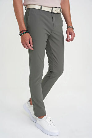 Slim Fit Yan Cepli Esnek Düz Haki Pamuk Pantolon P 1197