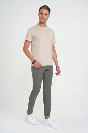 Slim Fit Yan Cepli Esnek Düz Haki Pamuk Pantolon P 1197