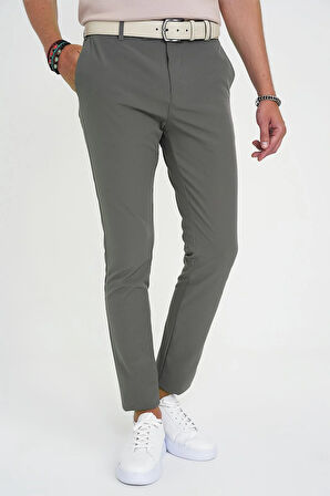 Slim Fit Yan Cepli Esnek Düz Haki Pamuk Pantolon P 1197