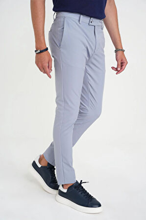 Slim Fit Yan Cepli Esnek Düz Grimavi Pamuk Pantolon P 1197