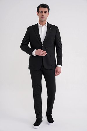 Comfort Fit Mono Yaka Torba Cep Esnek Yünlü Siyah Spor Takım Elbise TK 931