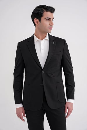 Comfort Fit Mono Yaka Torba Cep Esnek Yünlü Siyah Spor Takım Elbise TK 931