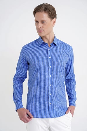 Slim Fit Klapa Yaka Esnek Pamuklu Koyu Mavi Çizgili Gömlek G 1599